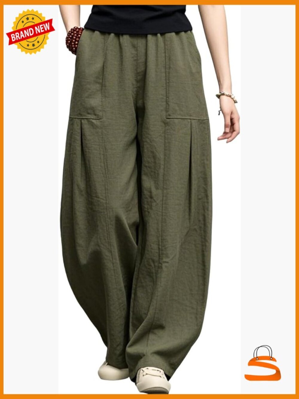 Linen Wide Leg Pants Elastic Waist Lantern Trousers Front Pockets
